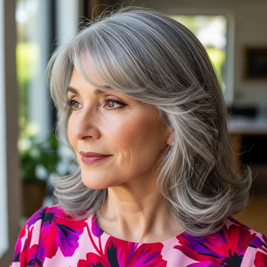 #1 Layered Grey Hair with Soft Bangs
