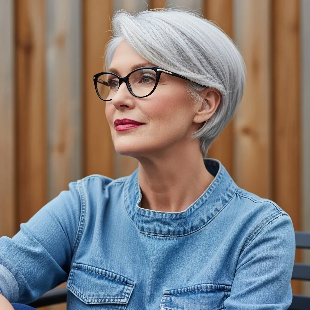 #13 Silver Long Pixie for Mature Ladies with Glasses