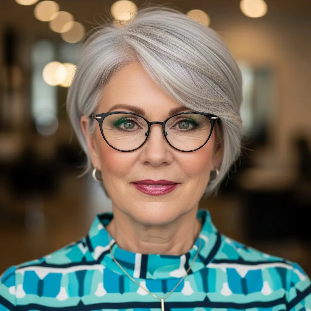 #15 Short Feathered Gray Hairstyle with Swept Bangs