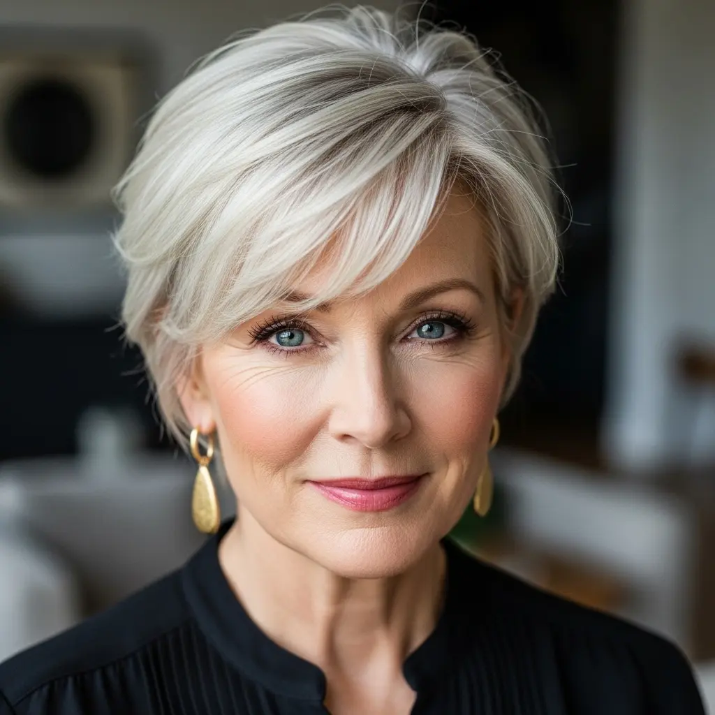 #4 Stylish Platinum Layered Pixie for Women Over 50