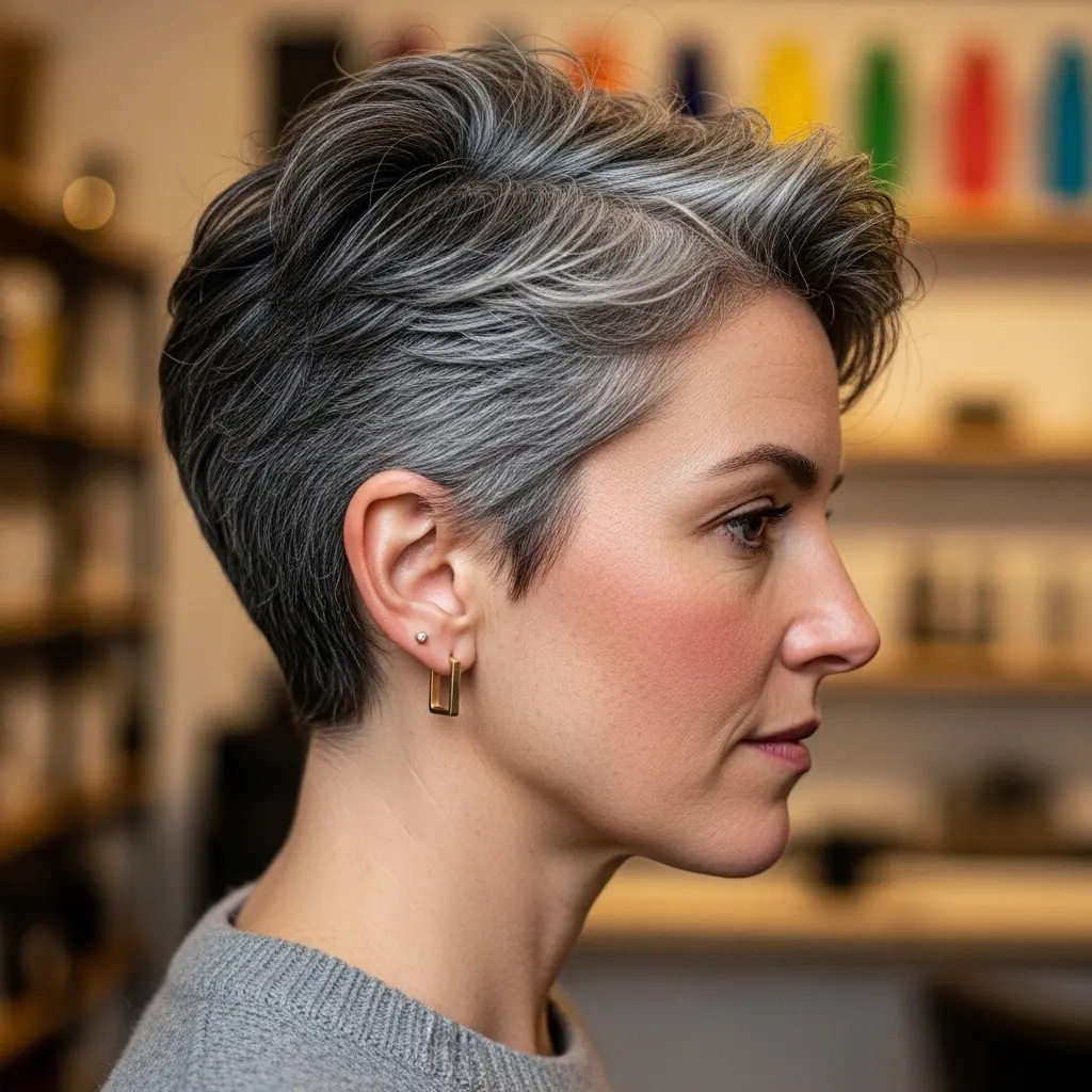 #11 Sleek Salt-and-Pepper Layered Pixie