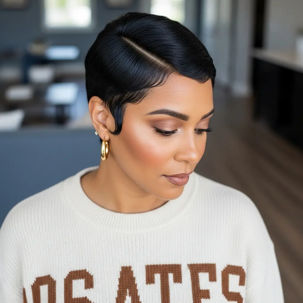 #2 Glossy Black Layered Pixie with Curved Bangs